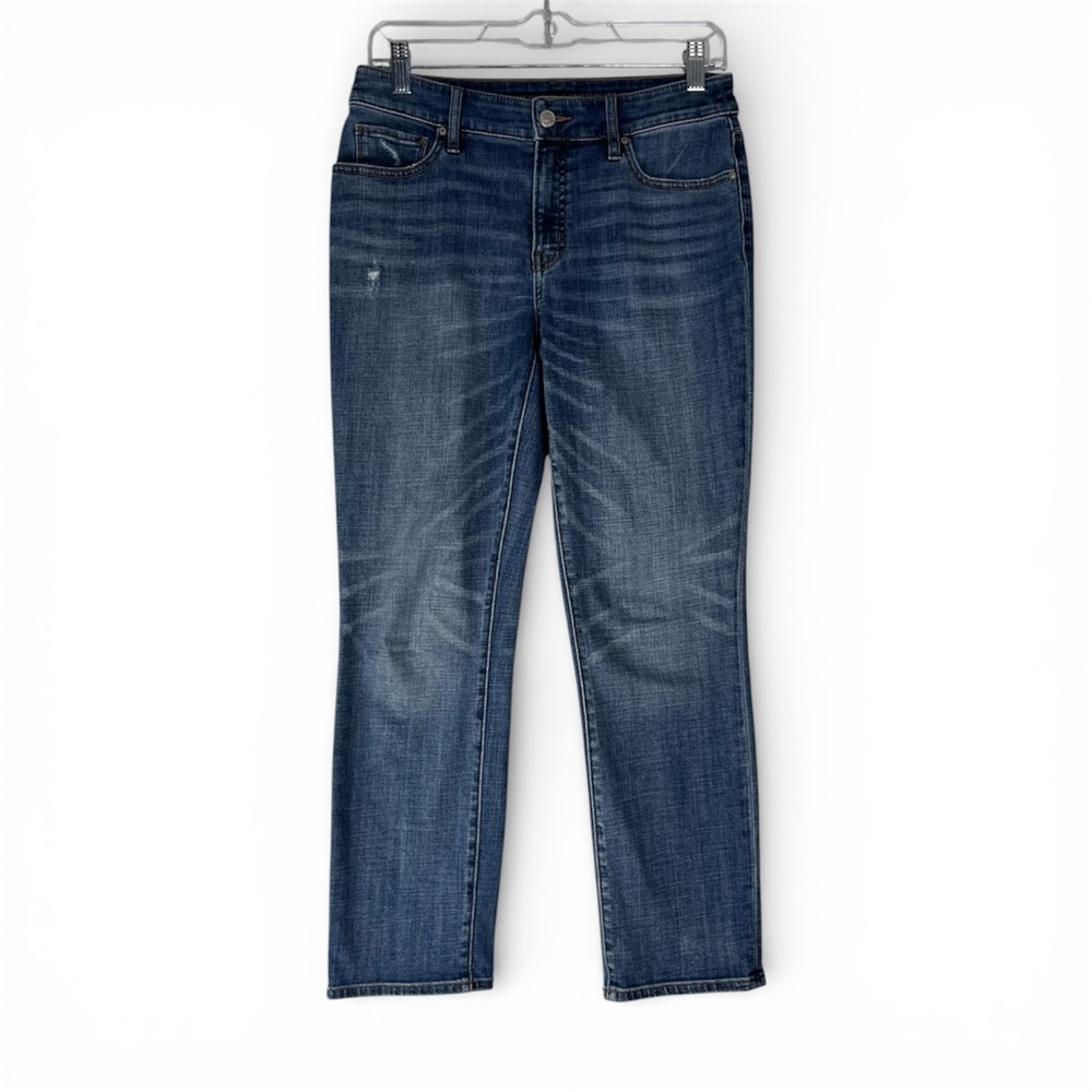 Chicos Jeans Women’s 2 Blue So Slimming Girlfriend Slim Leg Crop Distressed